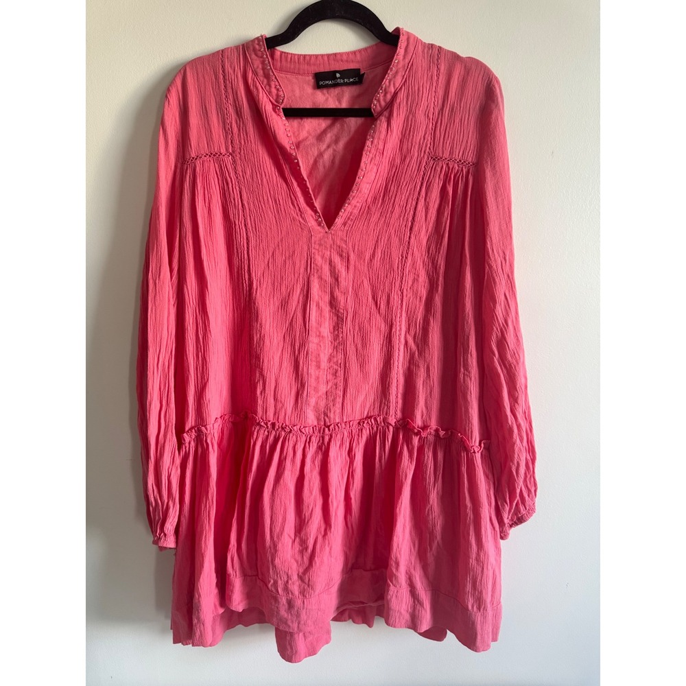 Pomander Place Pink Cotton Gauze Babydoll Mini Dress Tunic XL Beaded V-Neck